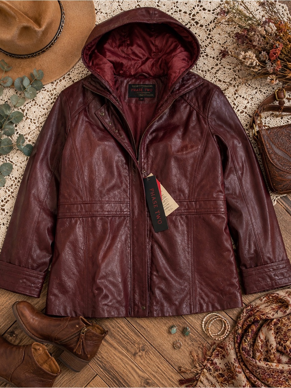 BNWT Vintage Women's Plus Size 3X Burgundy Leather Jacket - Classic Stand Collar